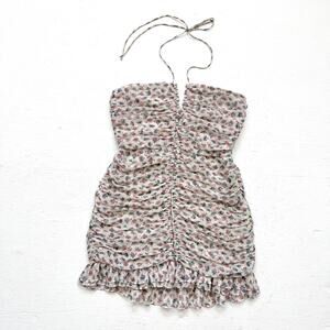 Zara Floral Ruched Mini Dress Metallic Detail Halter Neck Size M
